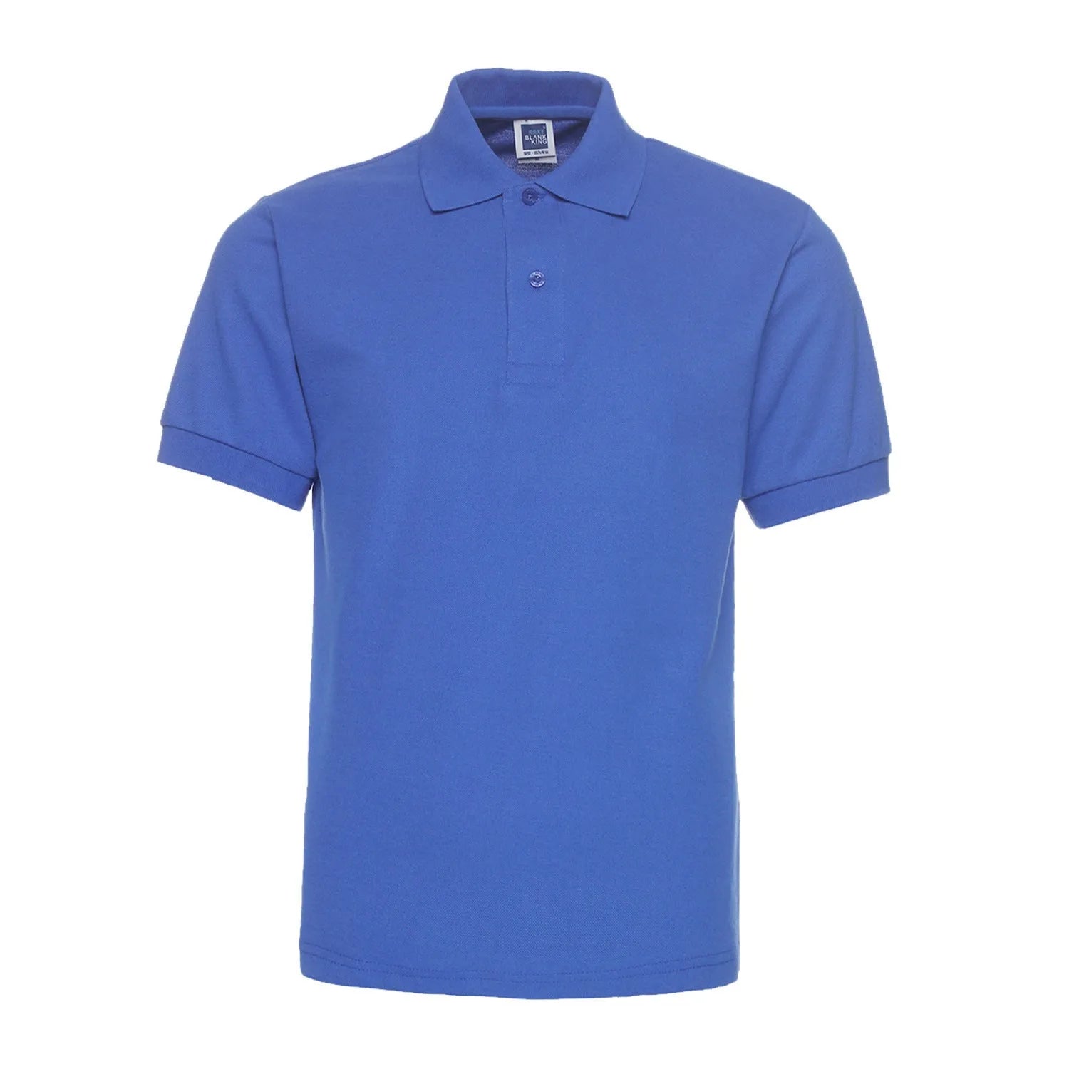 Men's plus size solid colour lapel collar short sleeve polo shirt on a hanger.