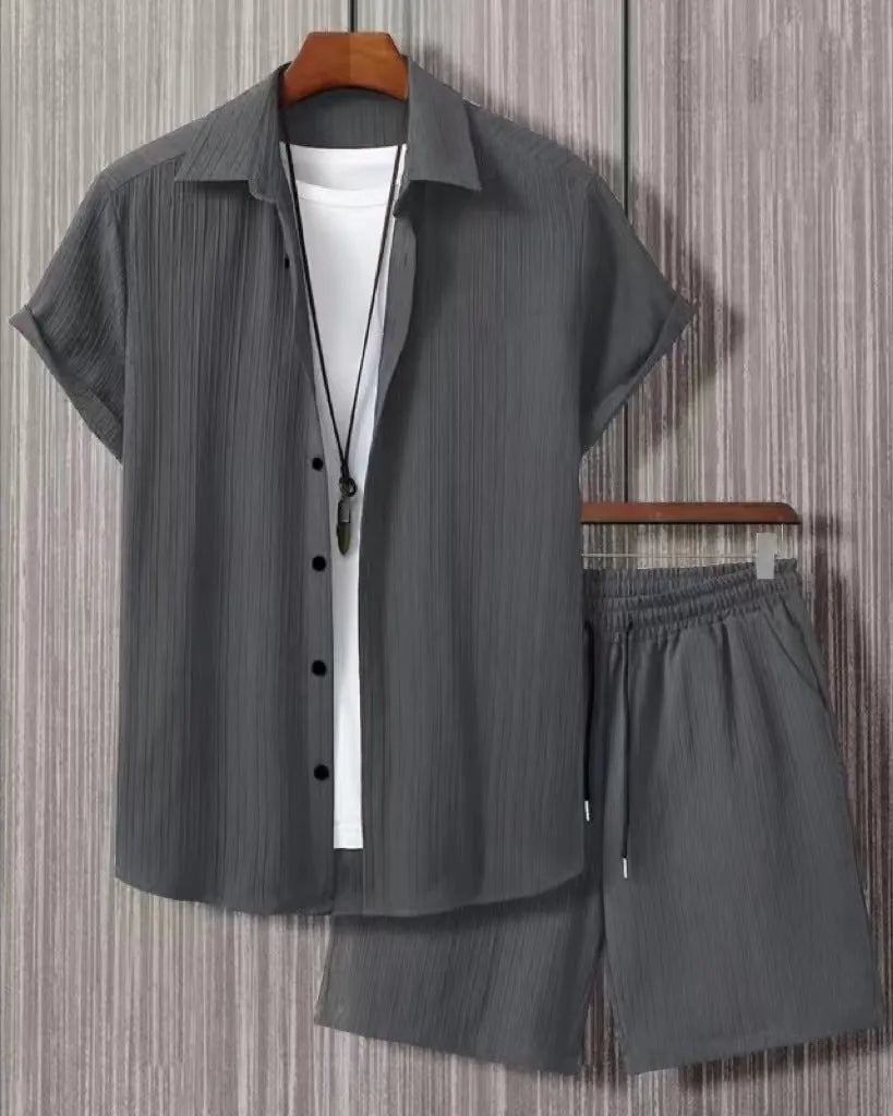Jacquard fabric short-sleeve suit set with matching trousers in black, white, grey or beige