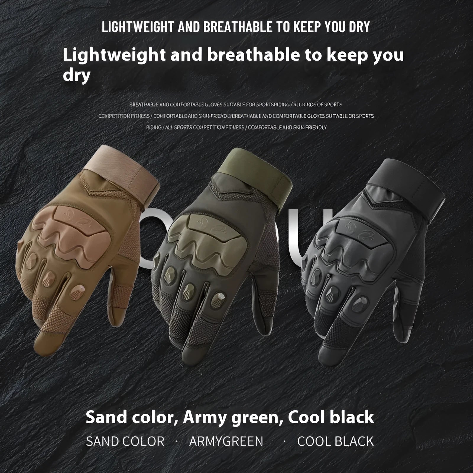 Men's black full finger tactical gloves with breathable fabric and touchscreen capable fingertips.