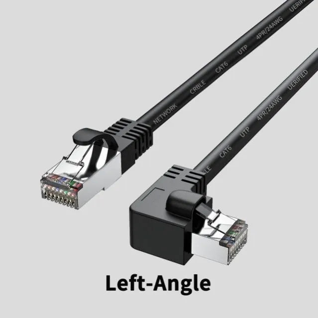 Cat6 Ethernet cable with right-angled metal RJ45 connectors in various colours including black, white, orange, and yellow.