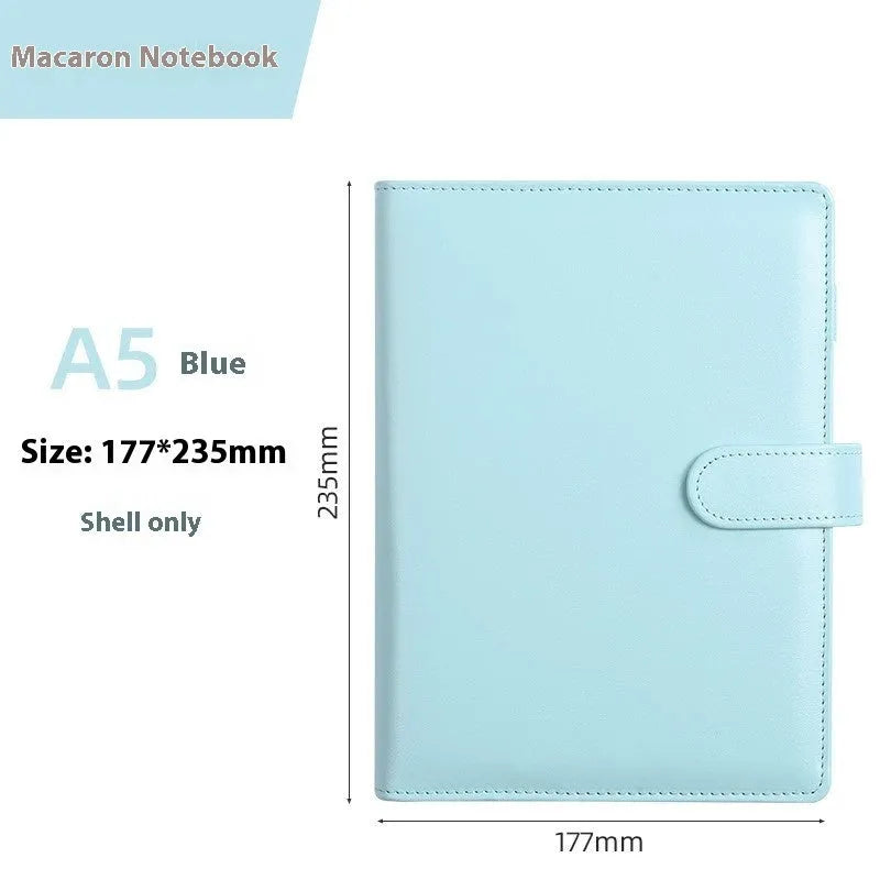 A5 PU leather loose-leaf binder shell with zipper closure shown in various colours.