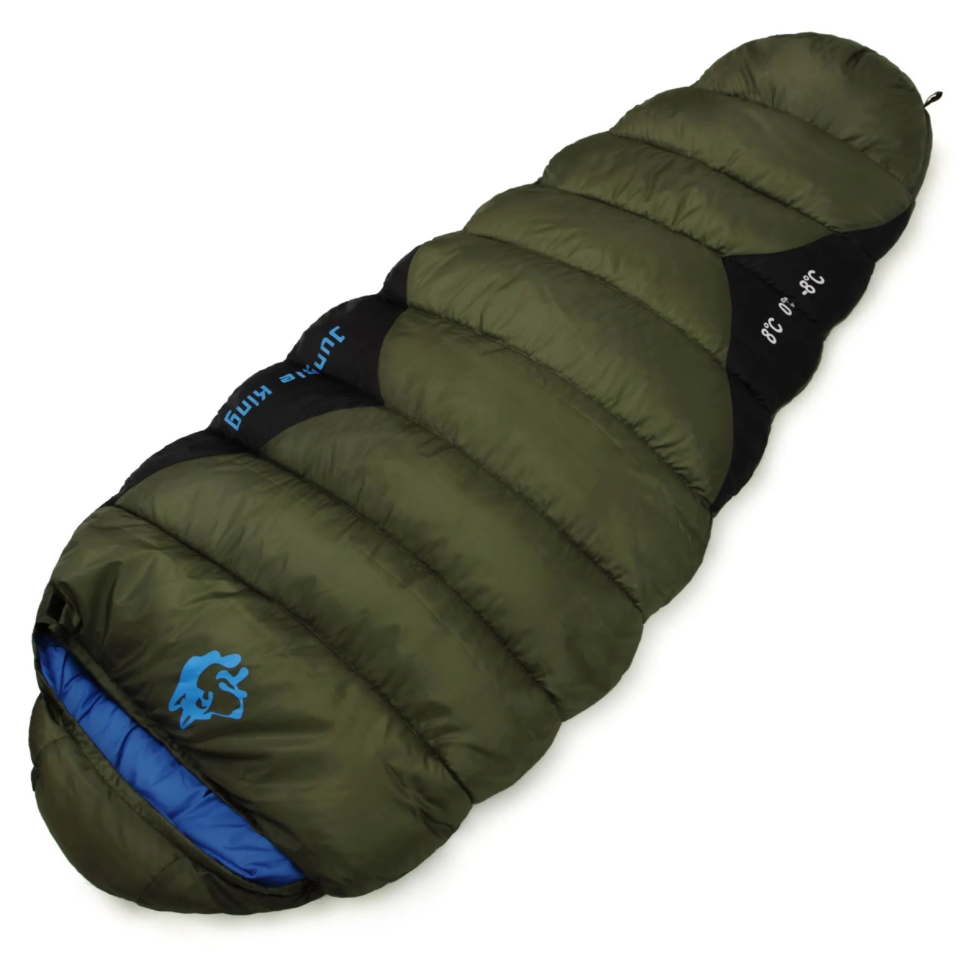 Camping sleeping bag with compression sack in Army Green colour for winter use.