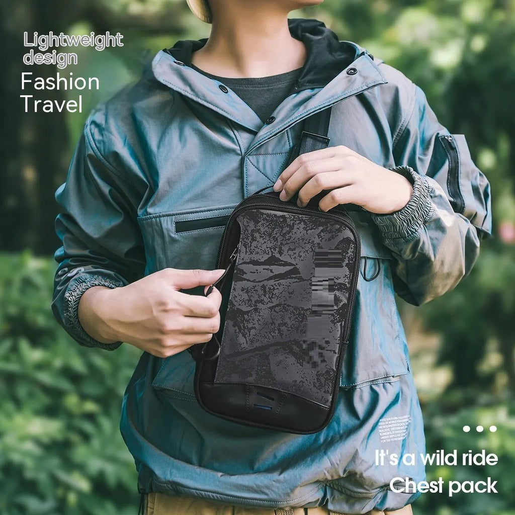 Casual black TPU chest pack with a single shoulder strap, shown in a square vertical shape with a landscape pattern.