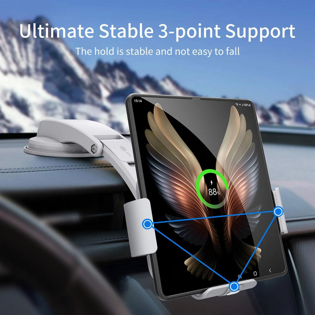 Grey wireless charging car phone holder with folding screen mounted on vehicle air vent