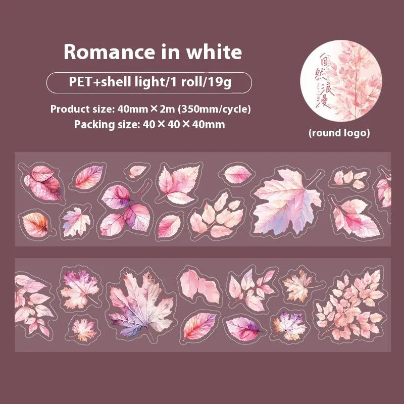 Roll of decorative leaf pattern stickers for hand account books showing six different natural designs including ginkgo and maple leaves