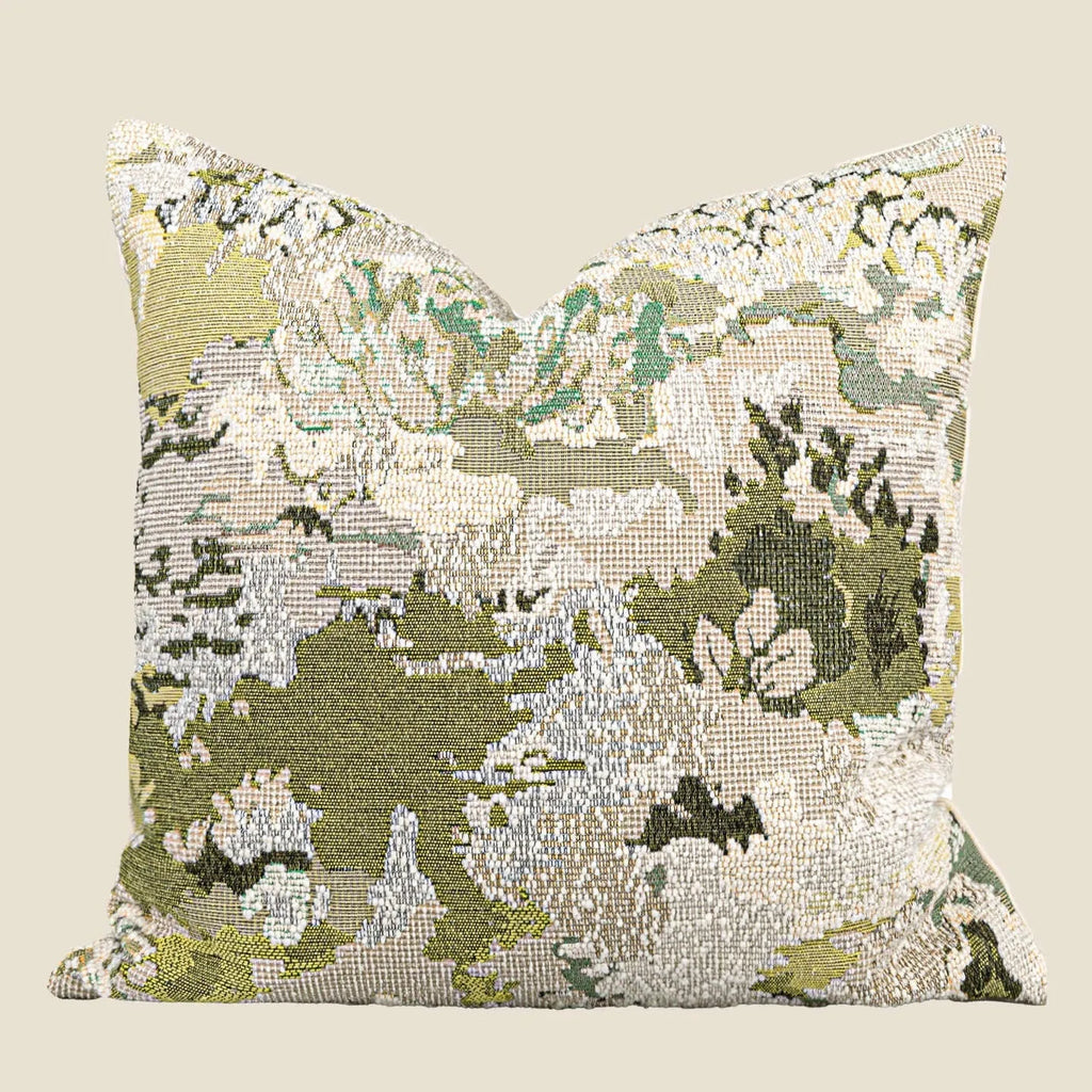 Antique green wool blend pillowcase with French style spring flowers botanical pattern