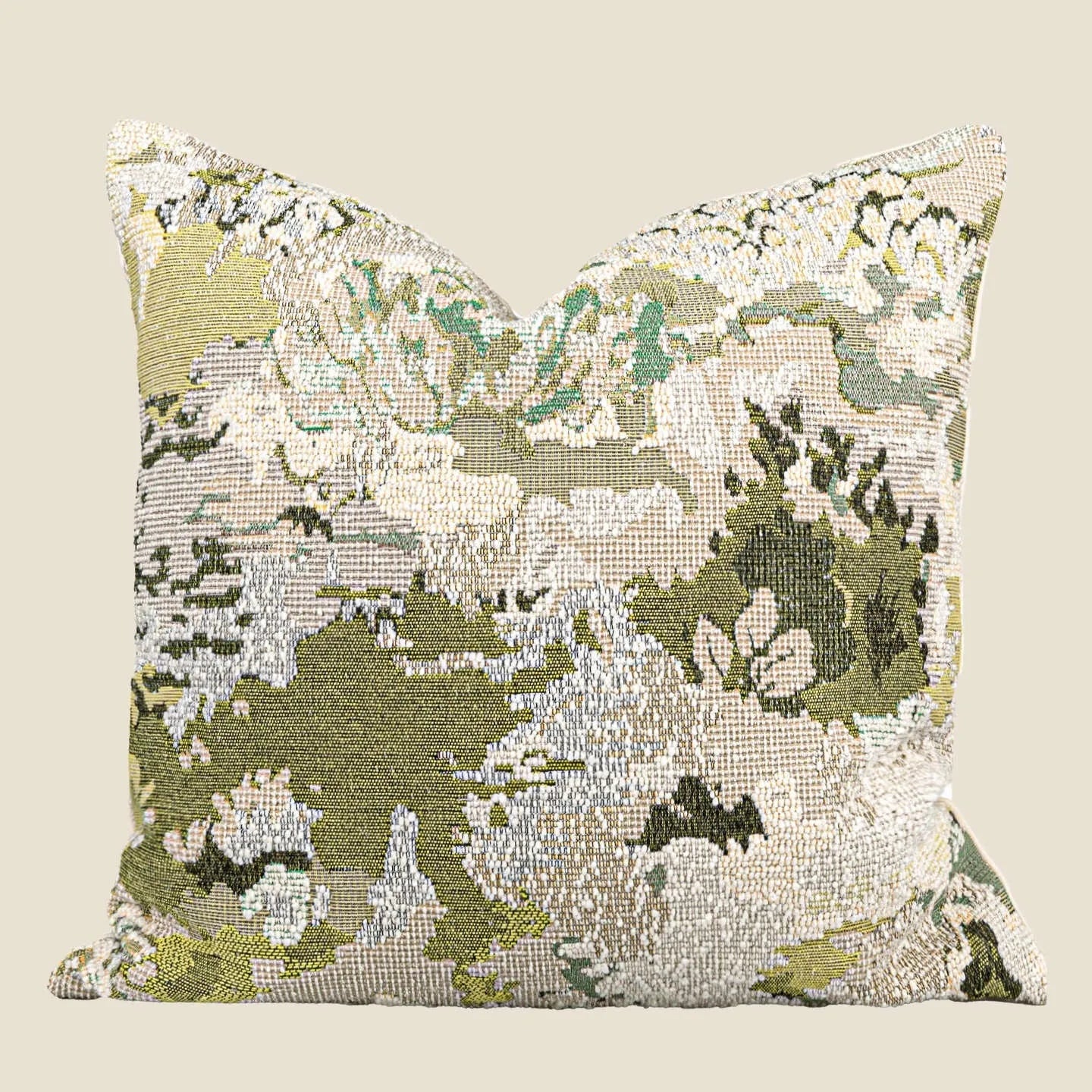 Antique green wool blend pillowcase with French style spring flowers botanical pattern
