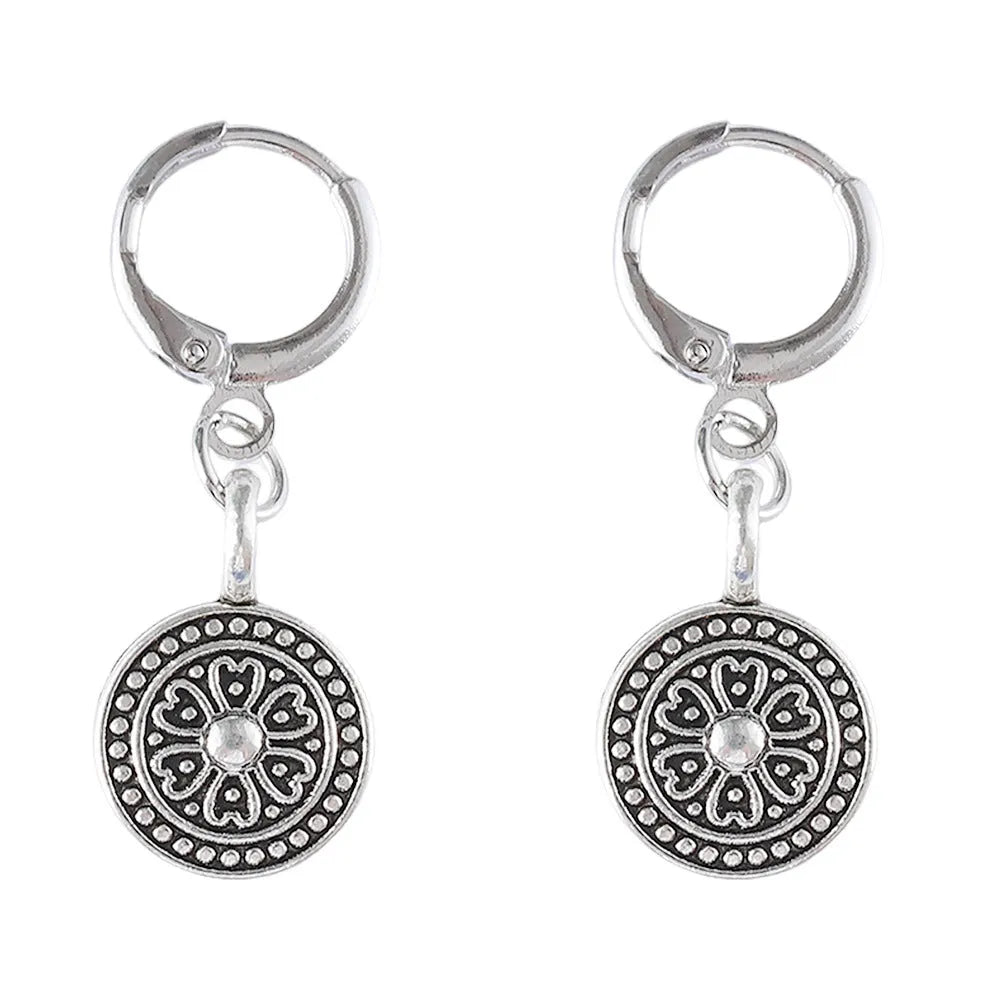 Bohemian retro geometric round earrings with distressed ethnic design in zinc alloy with electroplated finish
