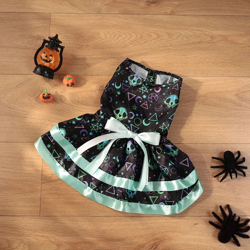 Halloween dog skirt with colourful pumpkin print and adjustable tie waist