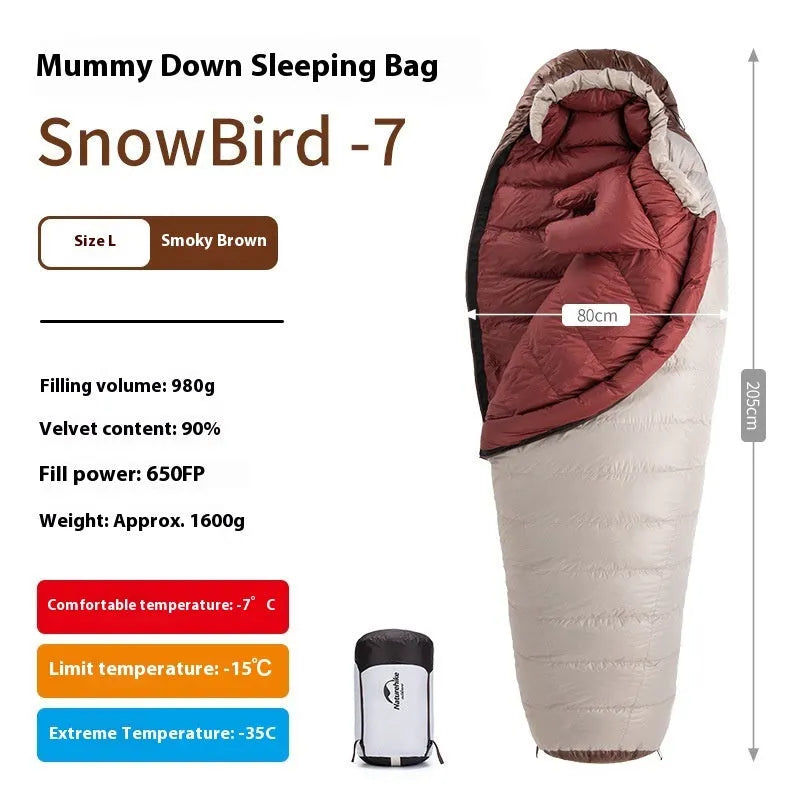 Mummy style goose down sleeping bag with storage bag in various colour options