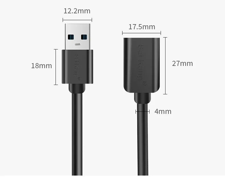 Black USB male to female extension cable showing connectors and available length options up to 5 metres