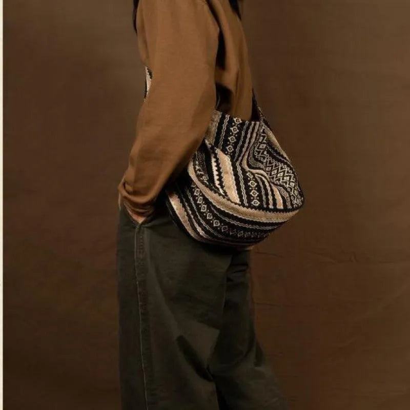 Corduroy jacquard vintage striped messenger bag with adjustable plaid shoulder strap