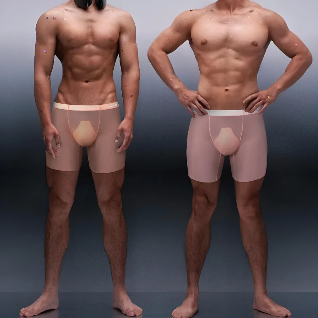 Men's seamless U-convex sports shorts in nylon fabric, available in orange, pink, and red colours