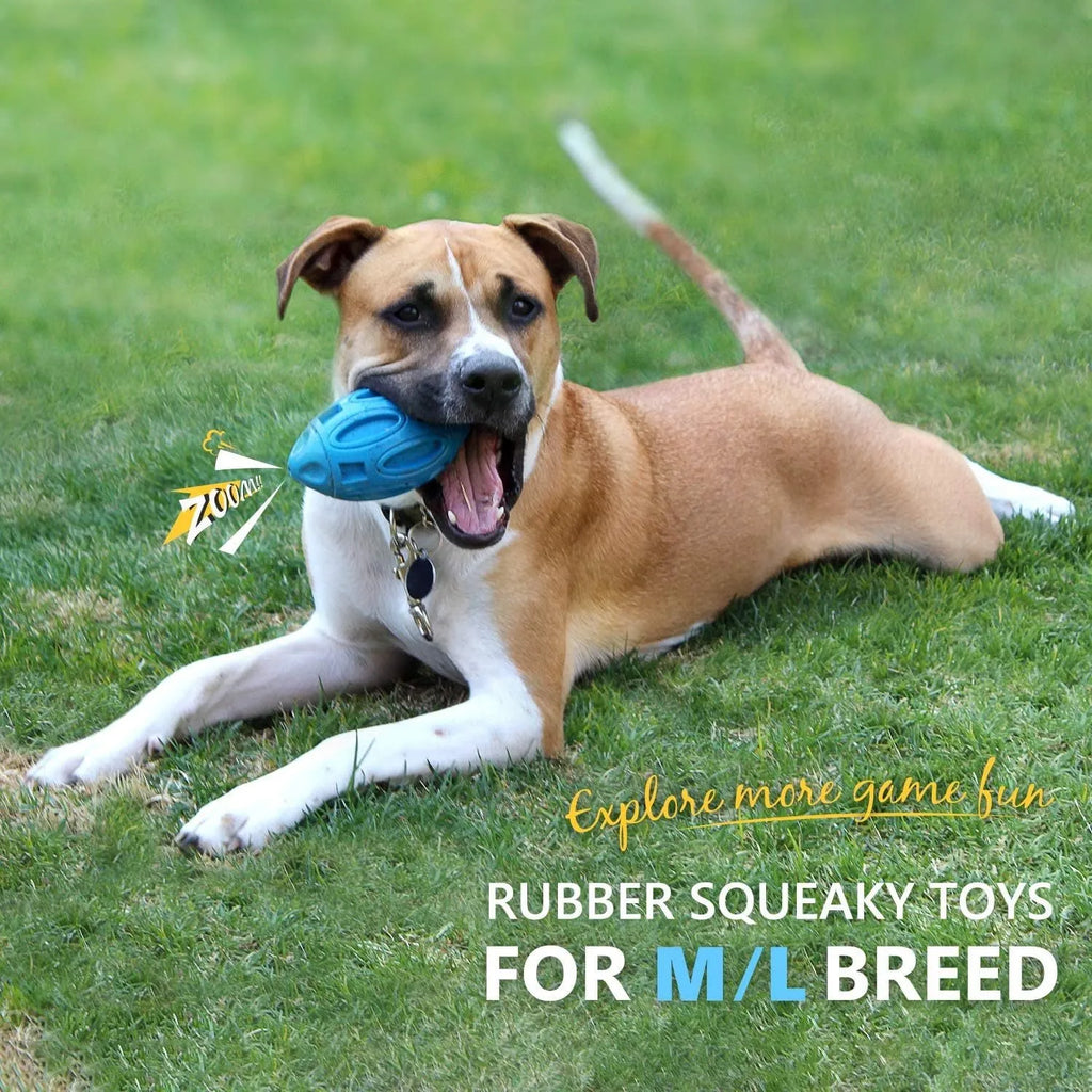 Blue green orange rubber squeaky chew ball dog toy with surface grooves for medium large breed aggressive chewers