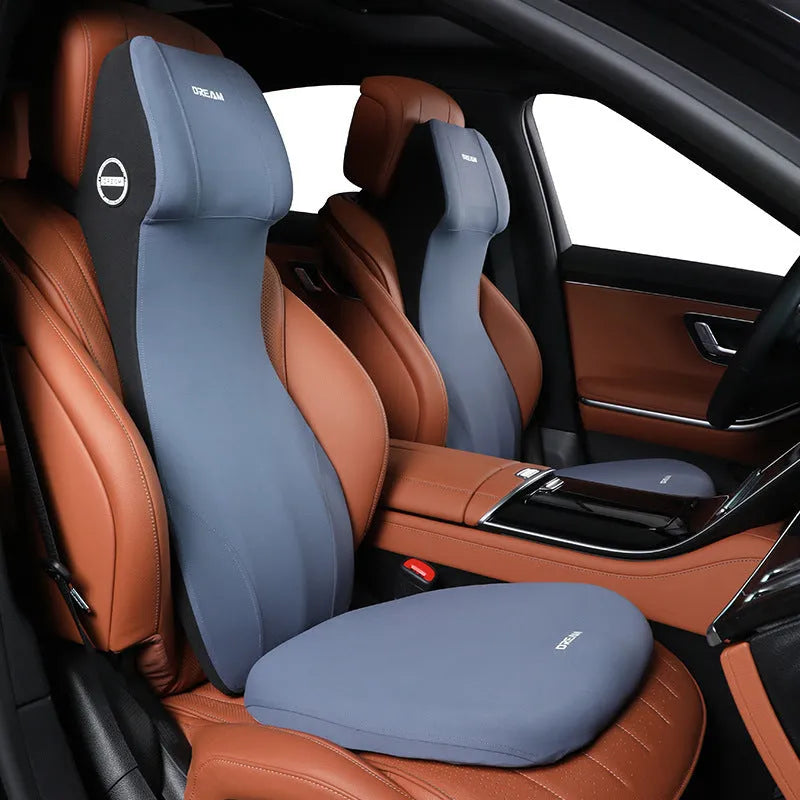 Automotive memory foam cushion with integrated headrest and lumbar support in multiple colour options