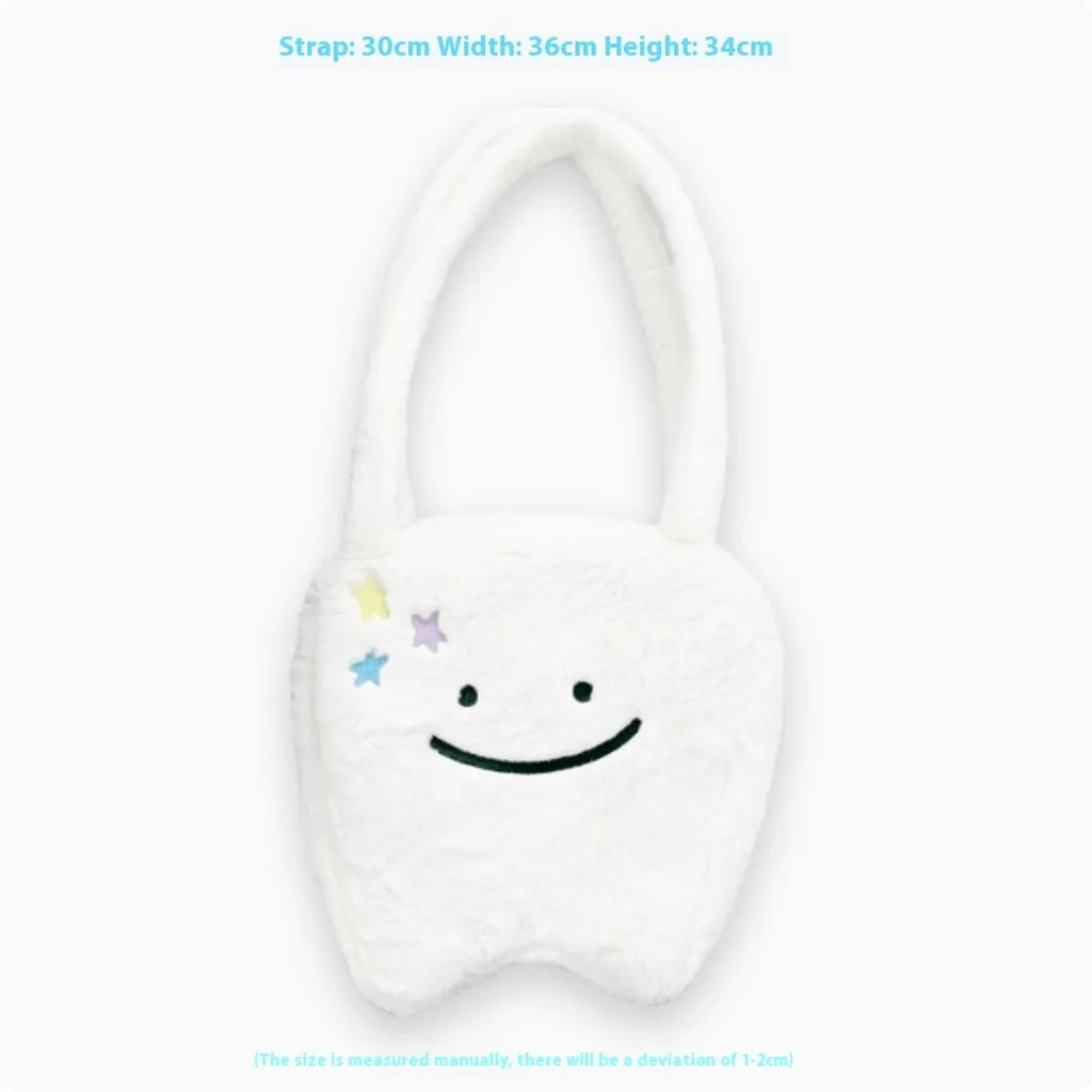 White plush shoulder tote bag with a large capacity and playful cute teeth design, shown with a crossbody strap.