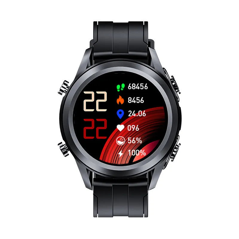 Men's black Bluetooth smart watch with heart rate and blood pressure monitor on silicone wristband