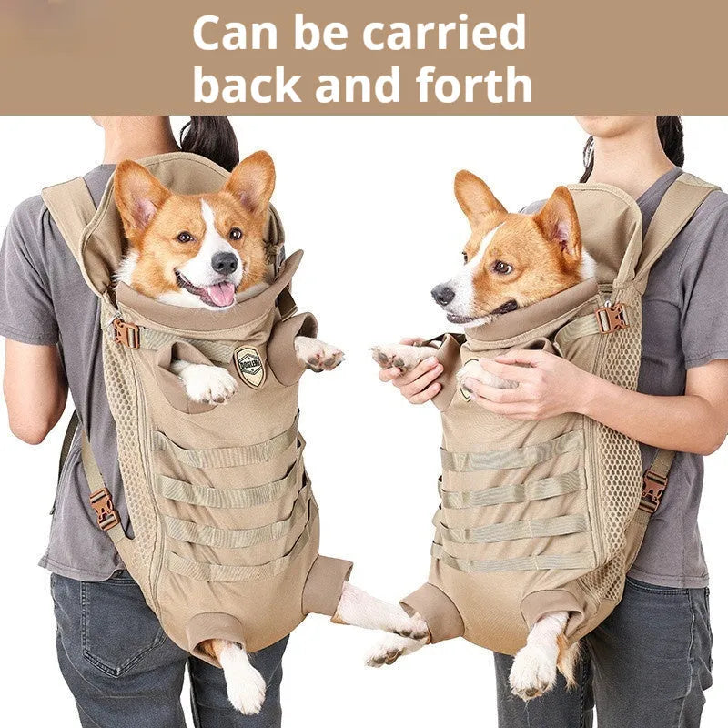 Khaki polyester pet dog backpack for medium dogs, breathable design, available in two sizes for 9-16kg pets