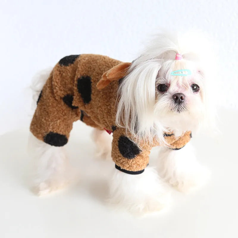 Dog or cat wearing a casual cloth garment with a large polka dot and elk couple print, shown in both four-legged and skirt styles.