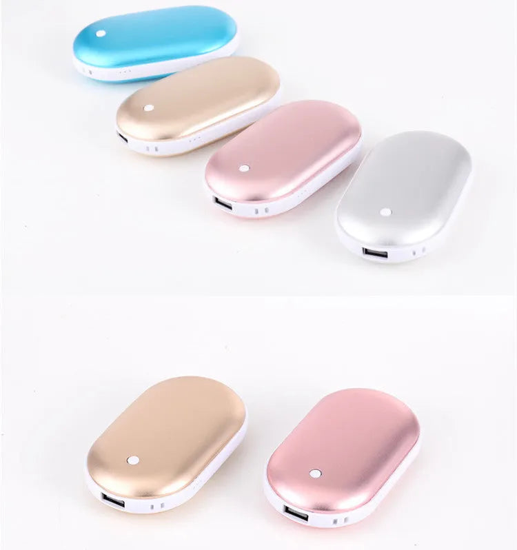 Rechargeable mini hand warmer and power bank device showing compact design with USB port and digital display