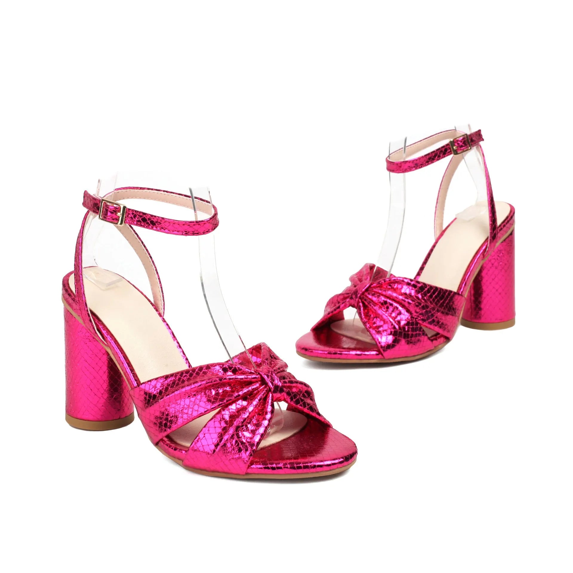 High heel plus size peep toe sandals with ankle buckle in gold, silver, red, and green colours