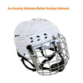 Ice hockey helmet with a carbon steel face mask, shown in size options S, M, L, XL.