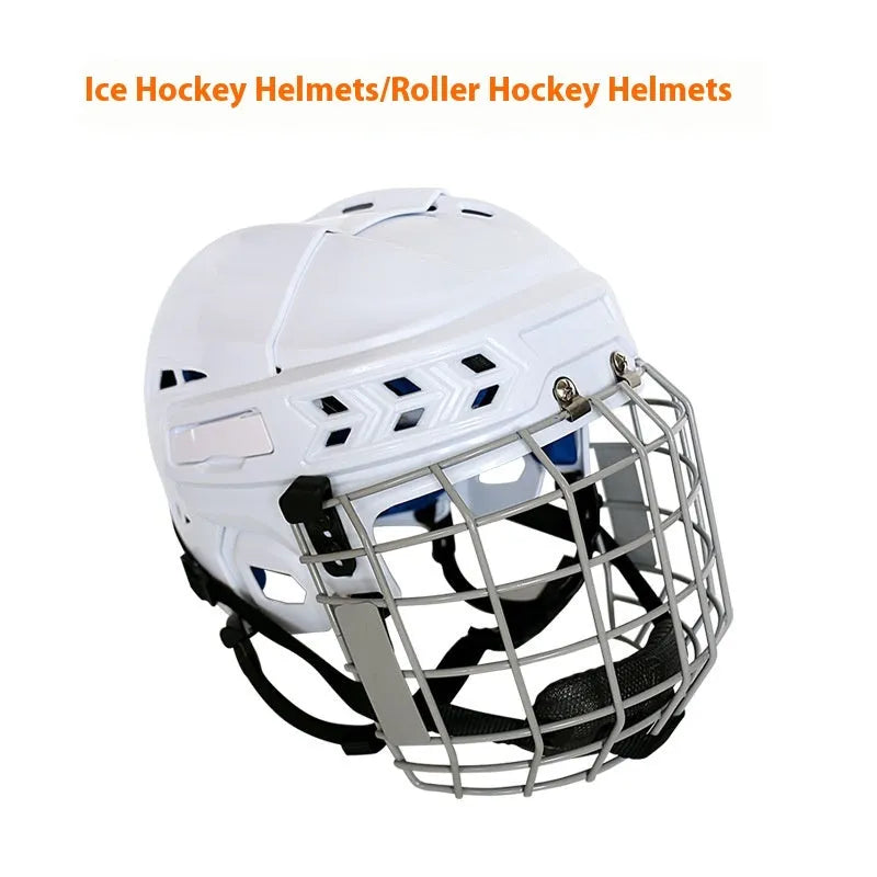 Ice hockey helmet with a carbon steel face mask, shown in size options S, M, L, XL.