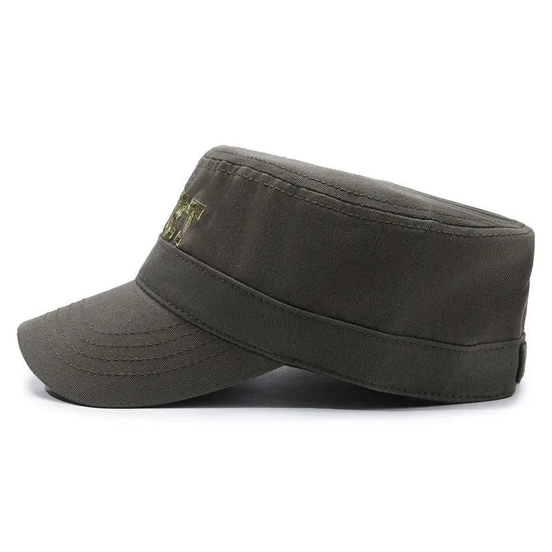 Men's flat-top peaked cotton cap in army green colour with an adjustable strap.