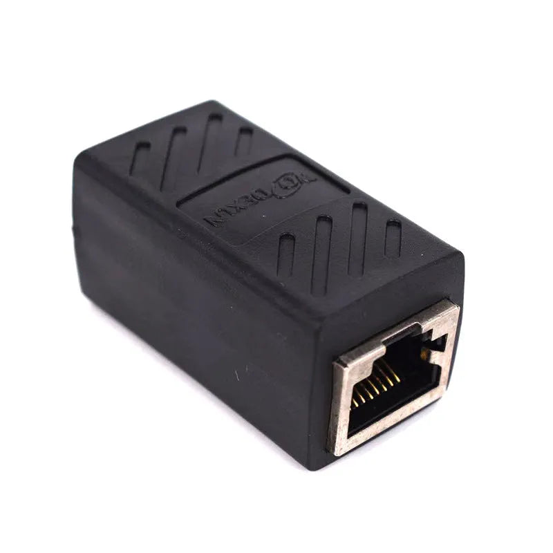 Black RJ45 network cable extender adapter with connectors on both ends
