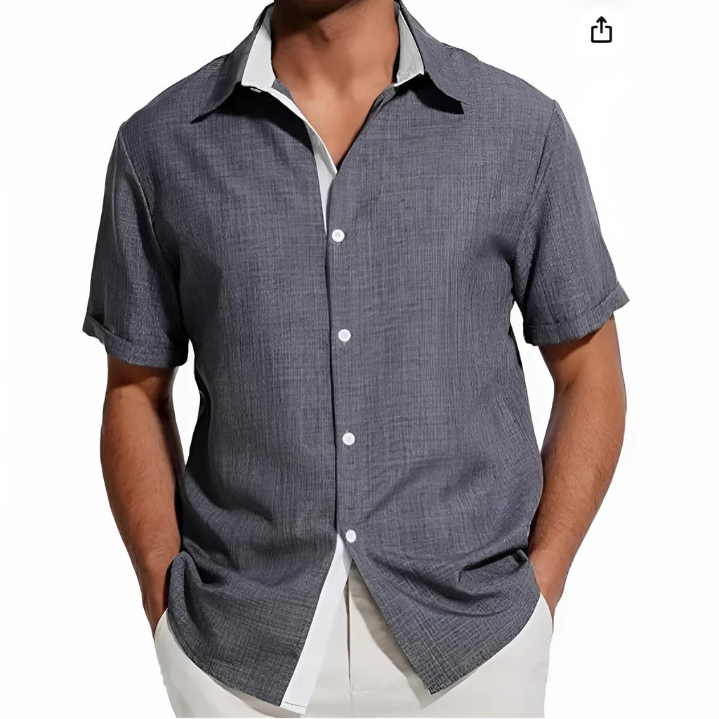 Man wearing a short sleeve floral print shirt in cardigan style, suitable for summer.