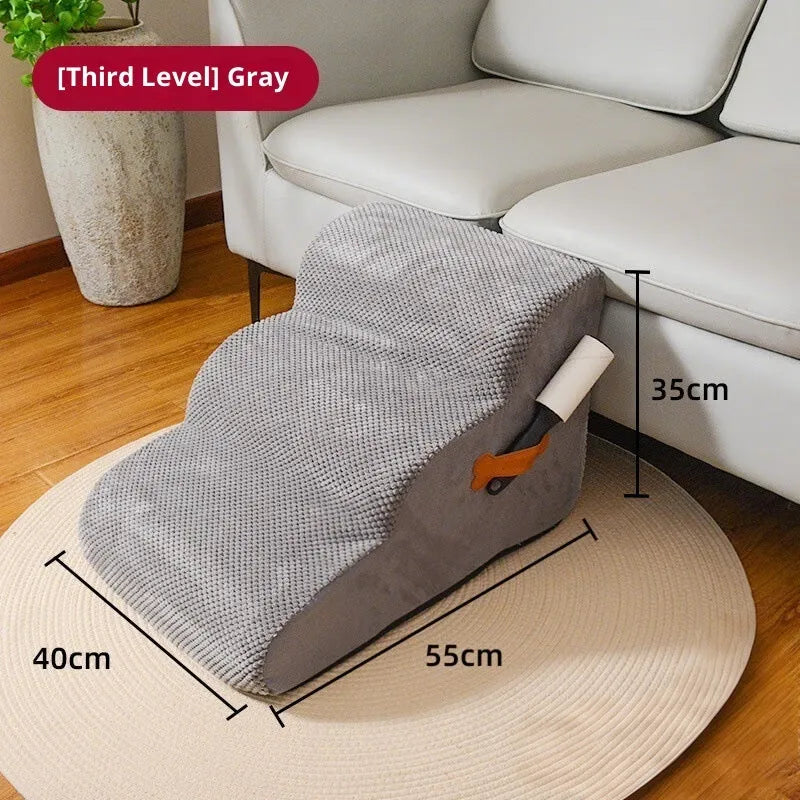 Grey removable washable pet stairs for cats and small dogs, two-level or three-level sizes, made from corn suede sponge