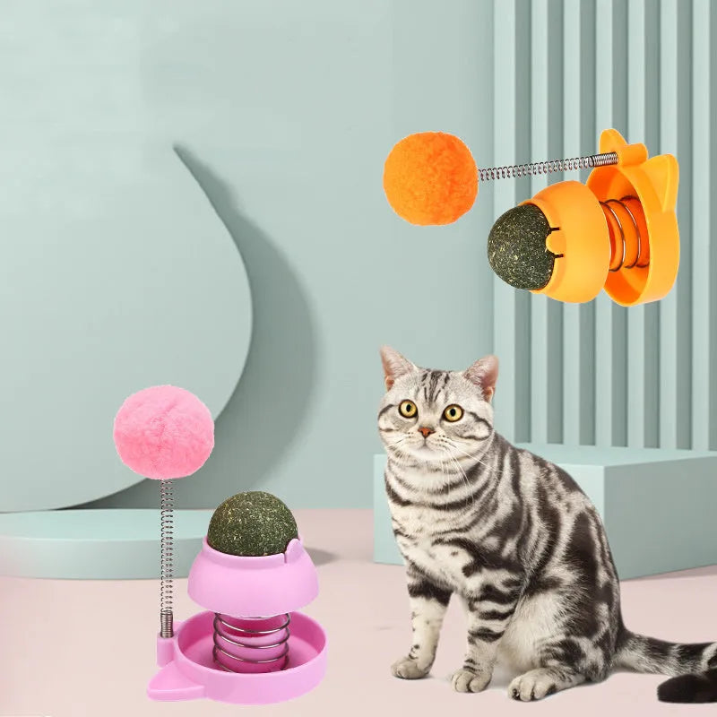 Blue, orange, and pink mint-flavoured cat toy ball with textured surface, 55mm in diameter.
