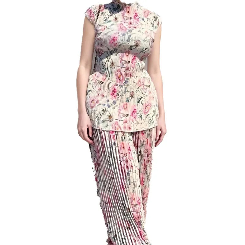 Long sleeve printed chiffon dress and top set on a hanger, showing high waist design.