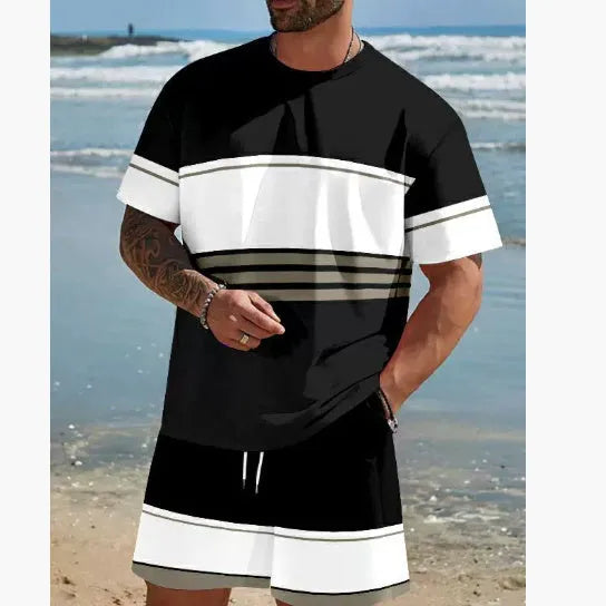 Men's loose-fit polyester short-sleeved T-shirt and matching shorts leisure set in summer colours