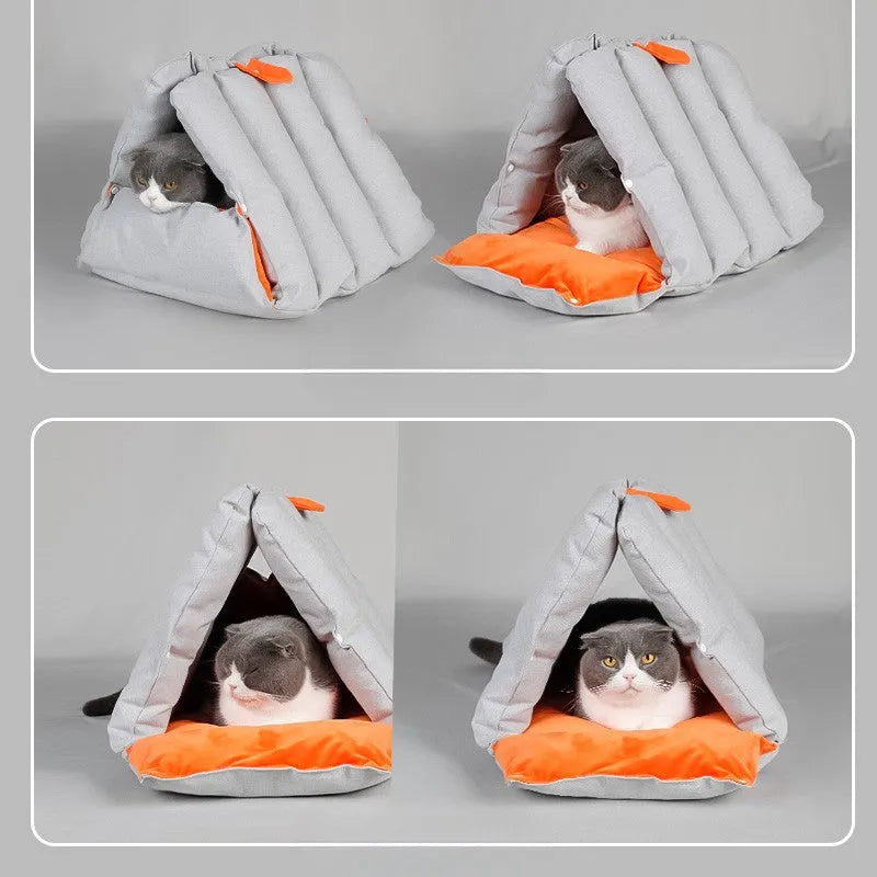Triangular blue cat nest bed with removable cotton cover measuring 45x38x38cm