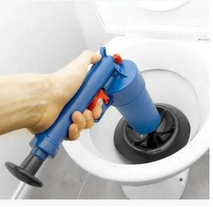 Plastic high-pressure drain blaster gun with four different sized suction cup adaptors for clearing blockages.