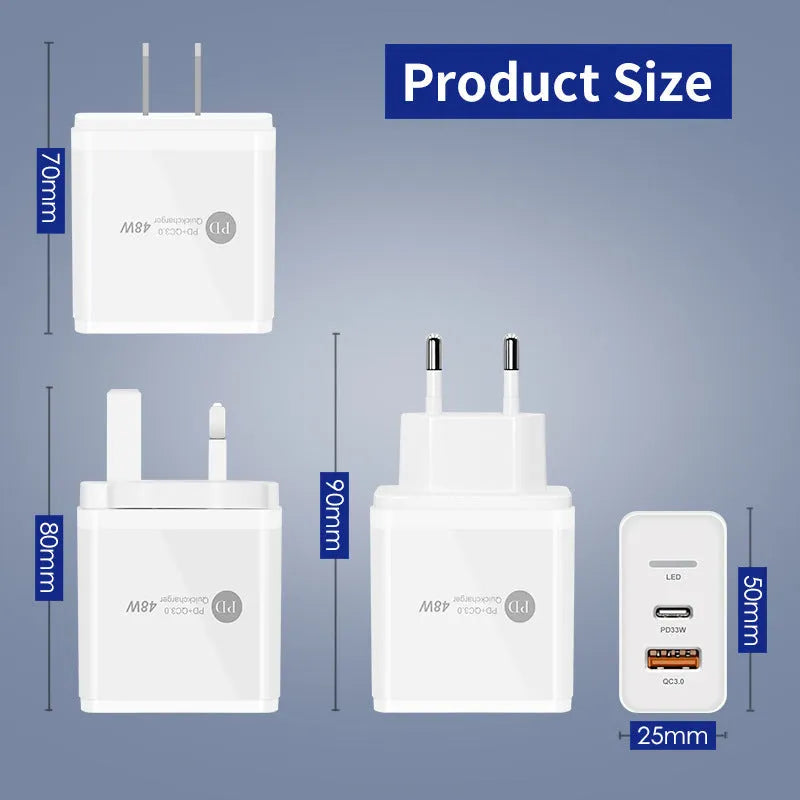 PD48W USB-C fast travel charger showing UK, EU, and US plug adaptors on a white background