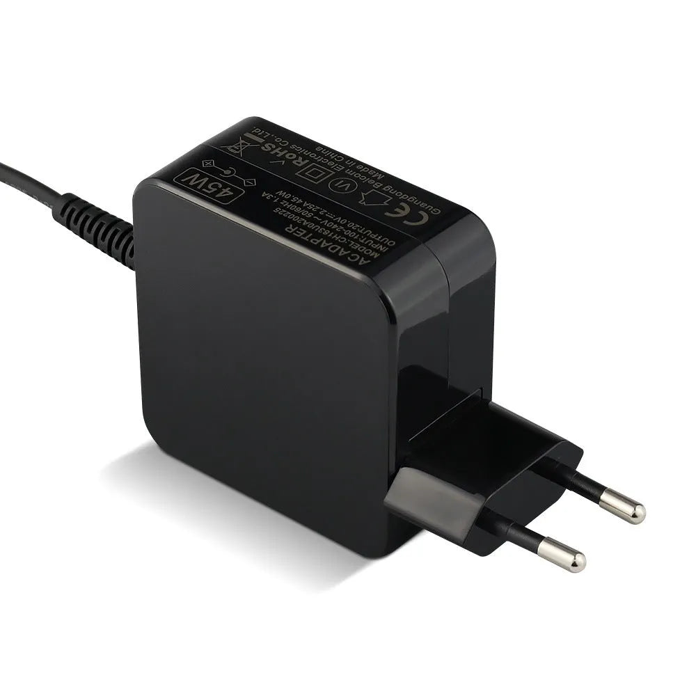 Black 45W laptop adapter with DC connector and EU/US plug compatibility