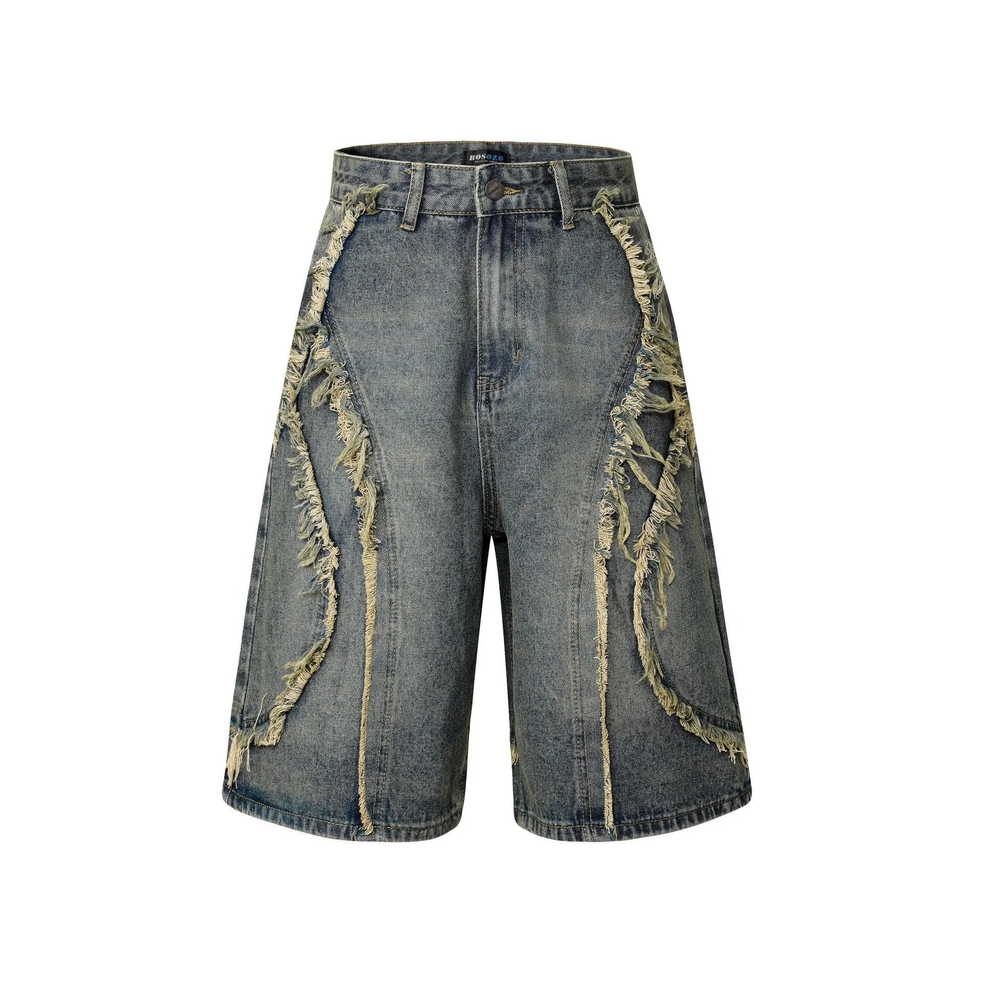 Men's distressed light blue denim shorts with raw edge hem and straight leg cut on a plain background.