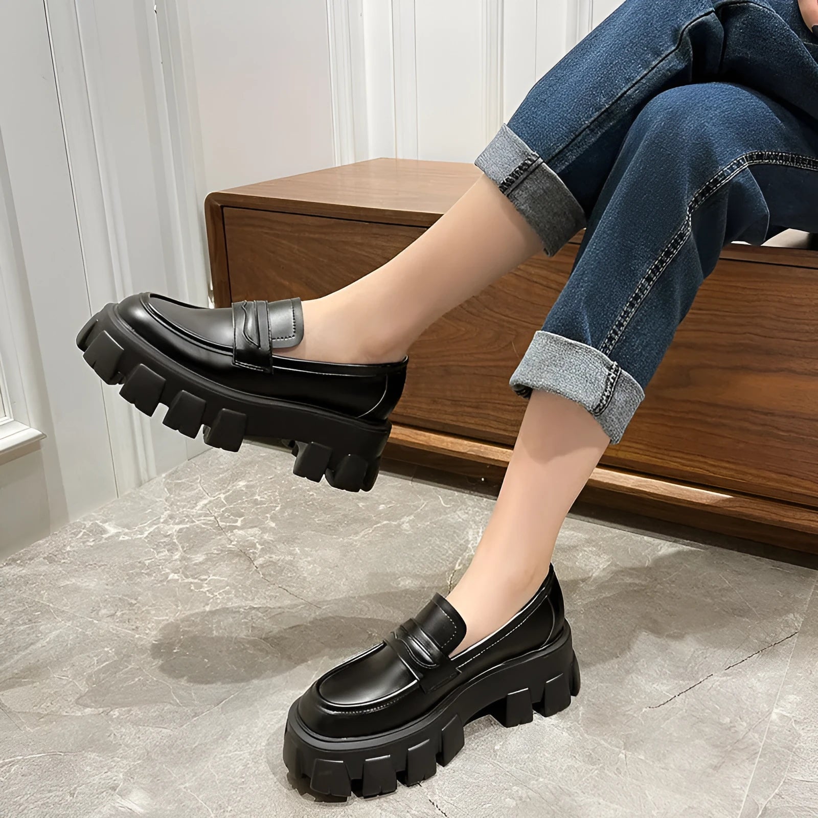 British style wide fit loafers in patent leather with a muffin base heel and rubber sole