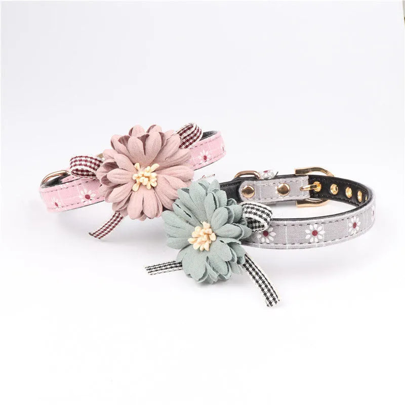 PU pet collar with cute floral pattern in pink, adjustable buckle, size options for small to large dogs and cats