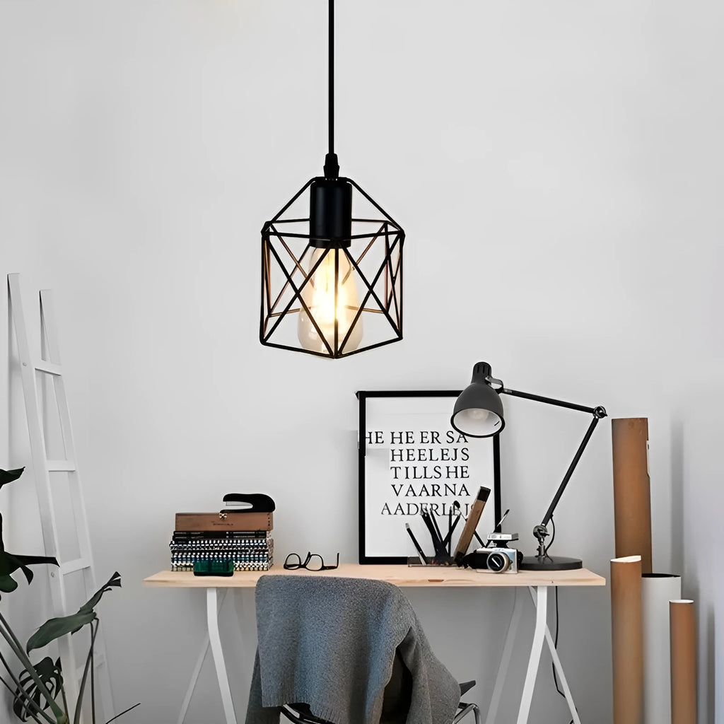 American country style decorative pendant light with an iron shade, showing its dimensions.