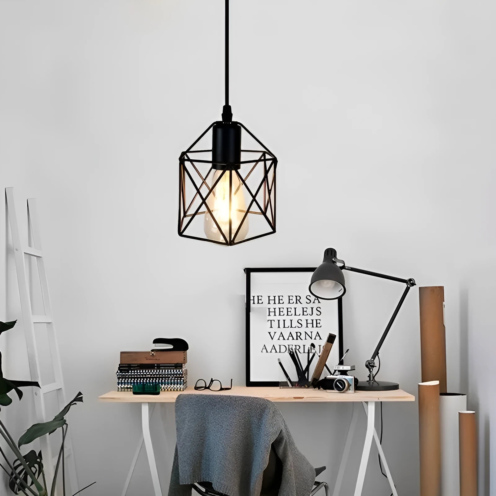 American country style decorative pendant light with an iron shade, showing its dimensions.