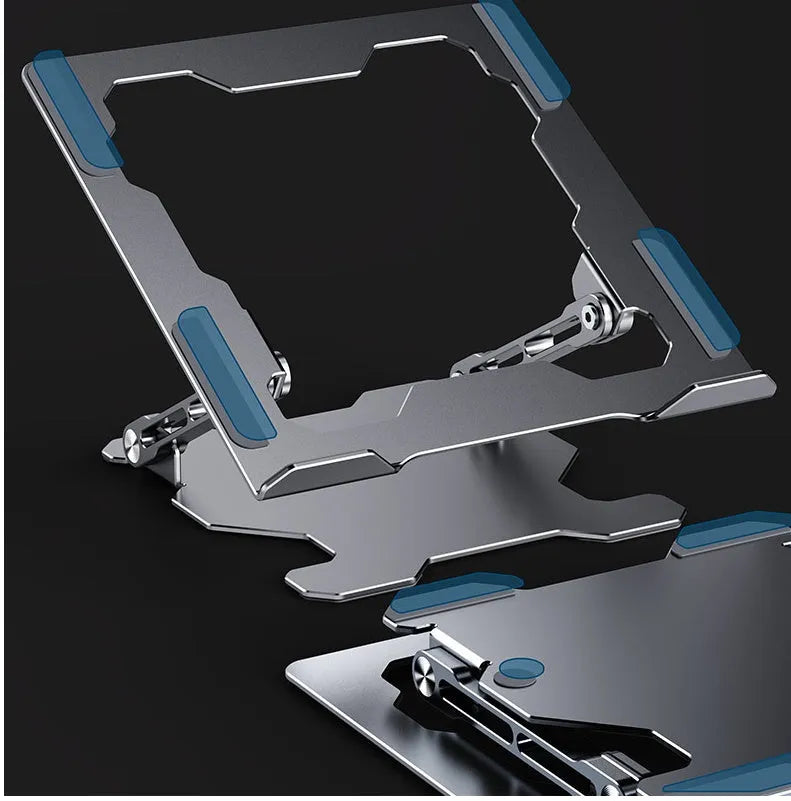 Grey adjustable aluminum laptop stand showing folding mechanism and hollow cooling design