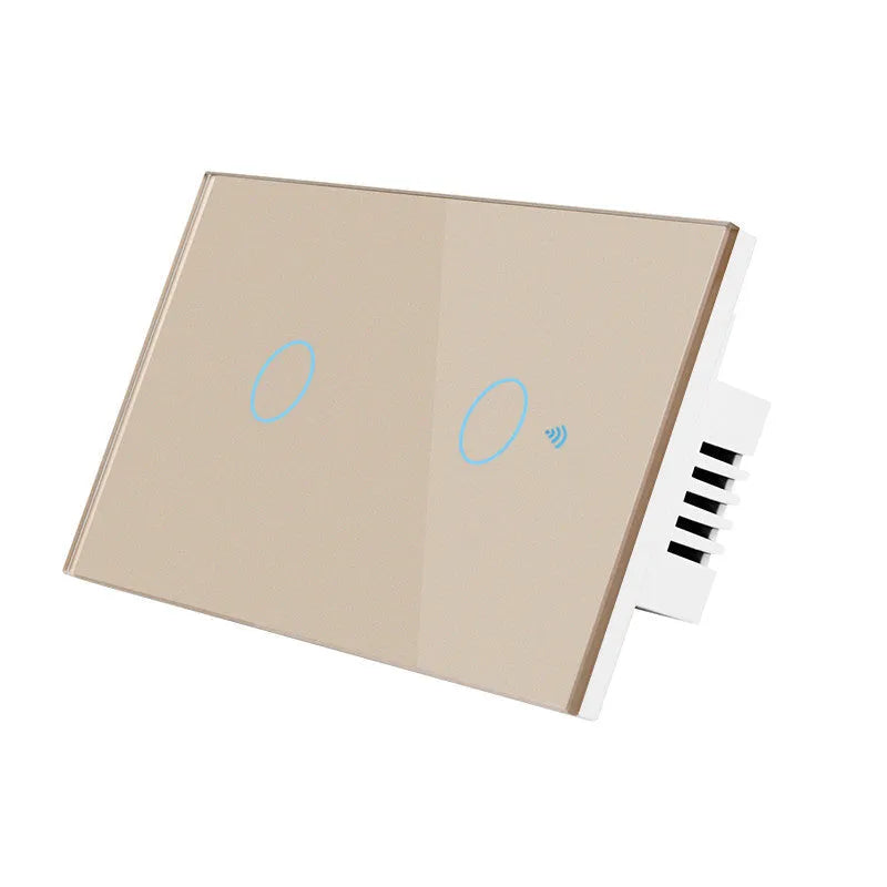 2-gang wireless RF remote touch light switch with tempered glass panel in black, white, or gold