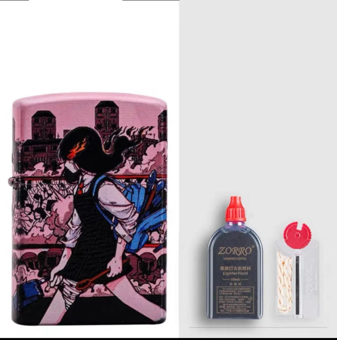 Windproof kerosene lighter with artistic design, steel and copper construction, 58x39x13mm dimensions