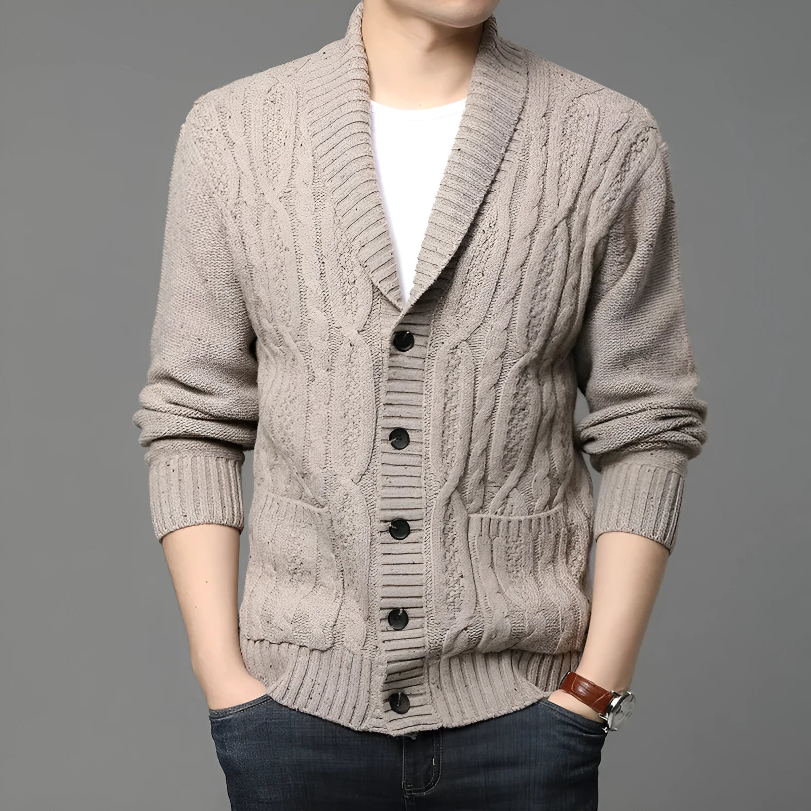 Men's Korean style jacquard pattern knitted jacket cardigan in straight cut design