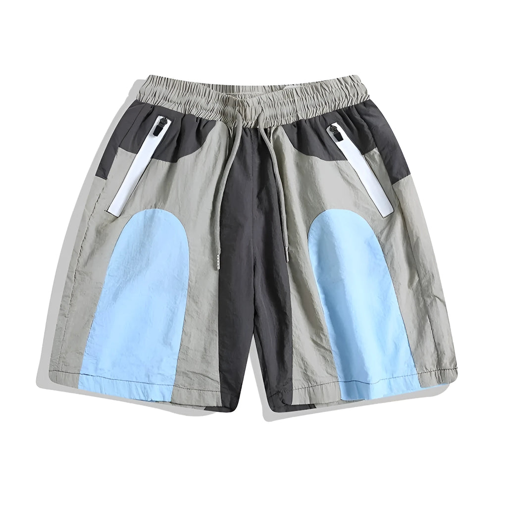Blue patchwork men's quick-drying shorts with micro-elastic waistband and straight-leg cut