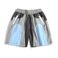 Blue patchwork men's quick-drying shorts with micro-elastic waistband and straight-leg cut