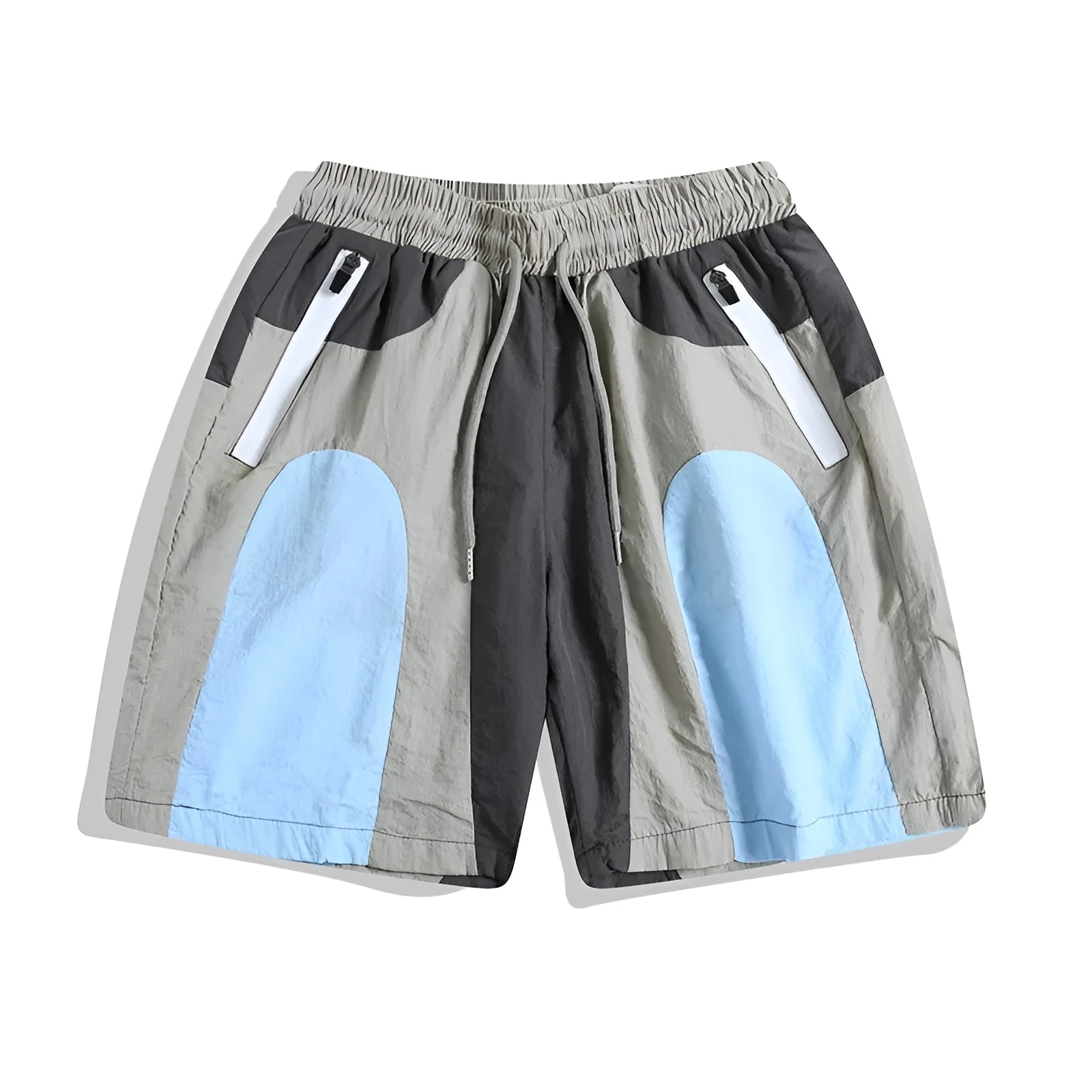 Blue patchwork men's quick-drying shorts with micro-elastic waistband and straight-leg cut